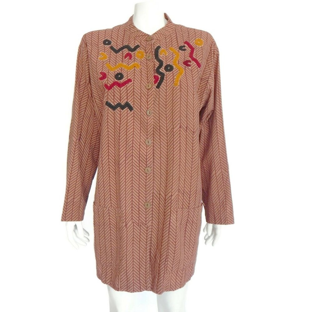 VINTAGE 1970'S INDIAN BLOCK PRINT DRESS Market Place Embroidery Brown Large 351
